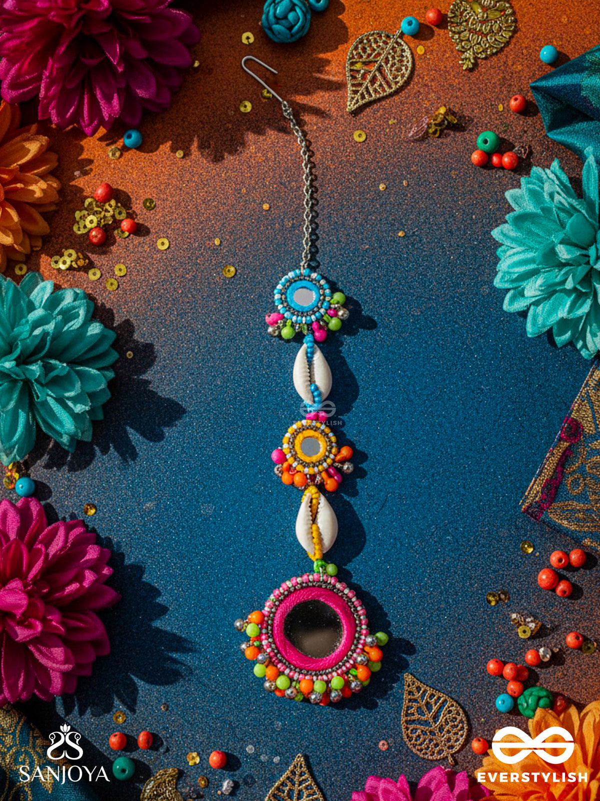 Pratimita - Beauty In Mirror - Shell, Beads And Mirror Embroidered Maangtika