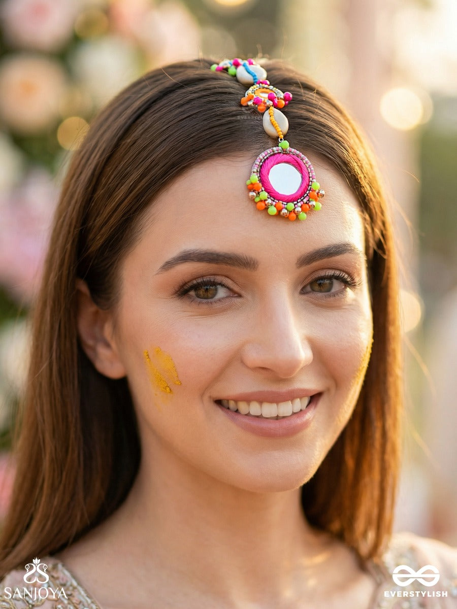 Pratimita - Beauty In Mirror - Shell, Beads And Mirror Embroidered Maangtika