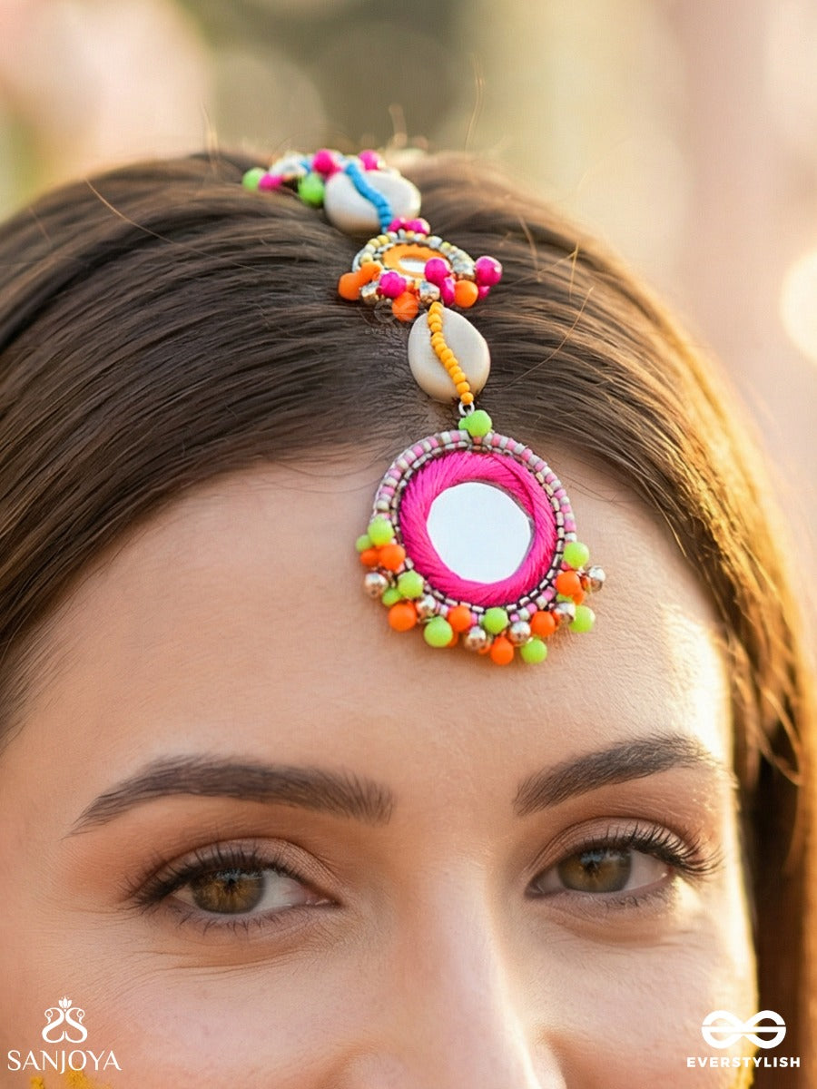 Pratimita - Beauty In Mirror - Shell, Beads And Mirror Embroidered Maangtika