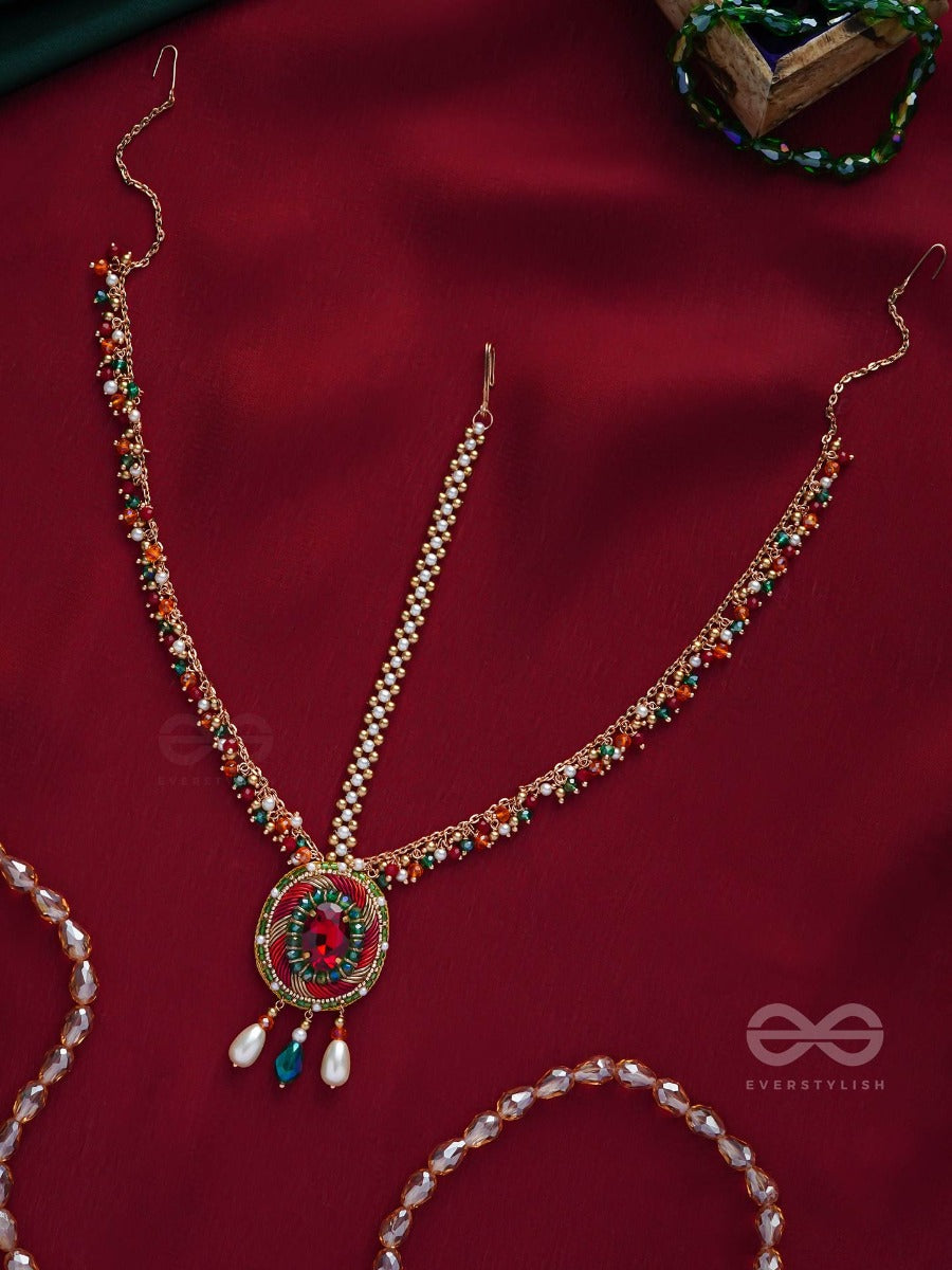 Madhuvardha - A Red Cloud - Stone And Beads Embroidered Maangtika