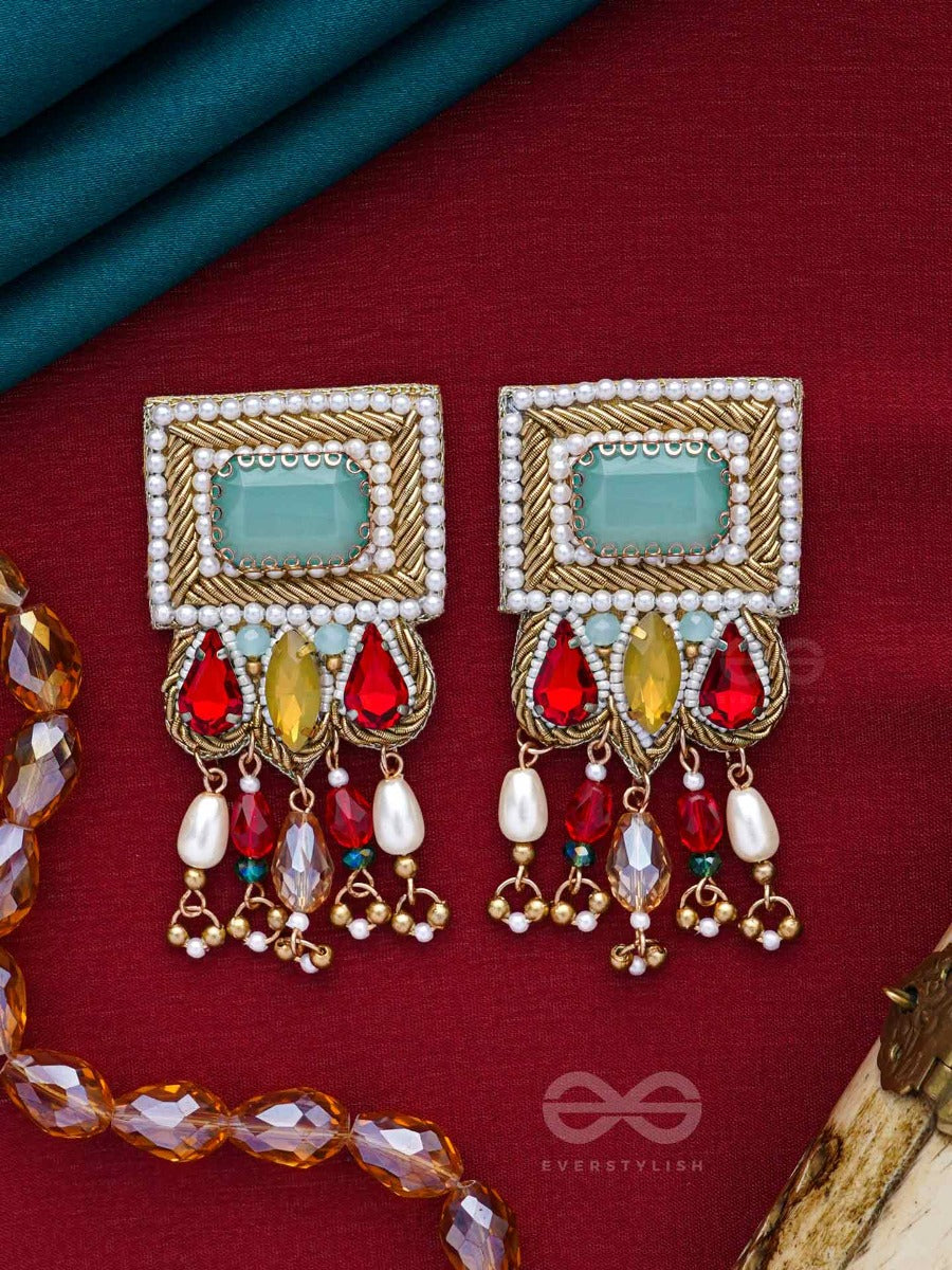 Anagha - The Sunset Splendor - Stones, Beads And Glass Drop Embroidered Earrings