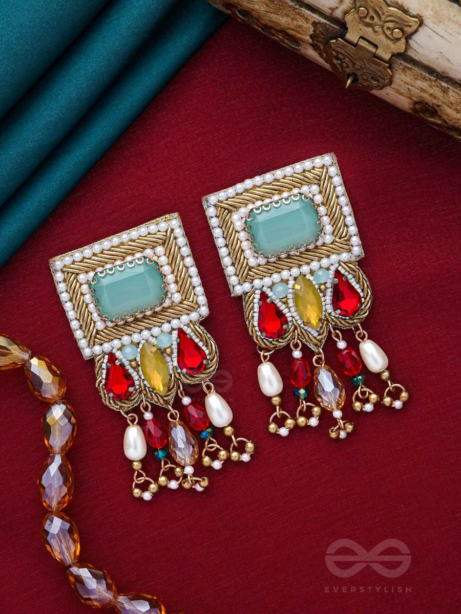 Anagha - The Sunset Splendor - Stones, Beads And Glass Drop Embroidered Earrings