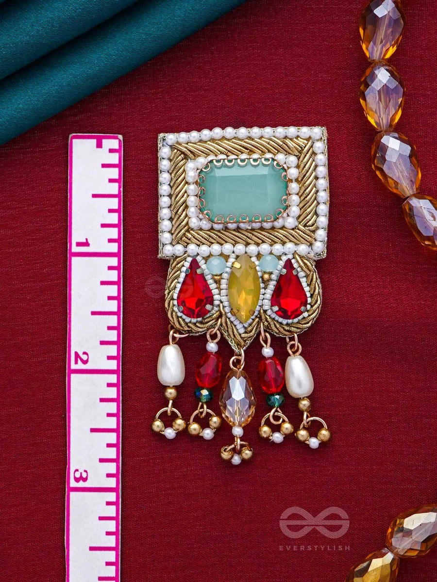 Anagha - The Sunset Splendor - Stones, Beads And Glass Drop Embroidered Earrings