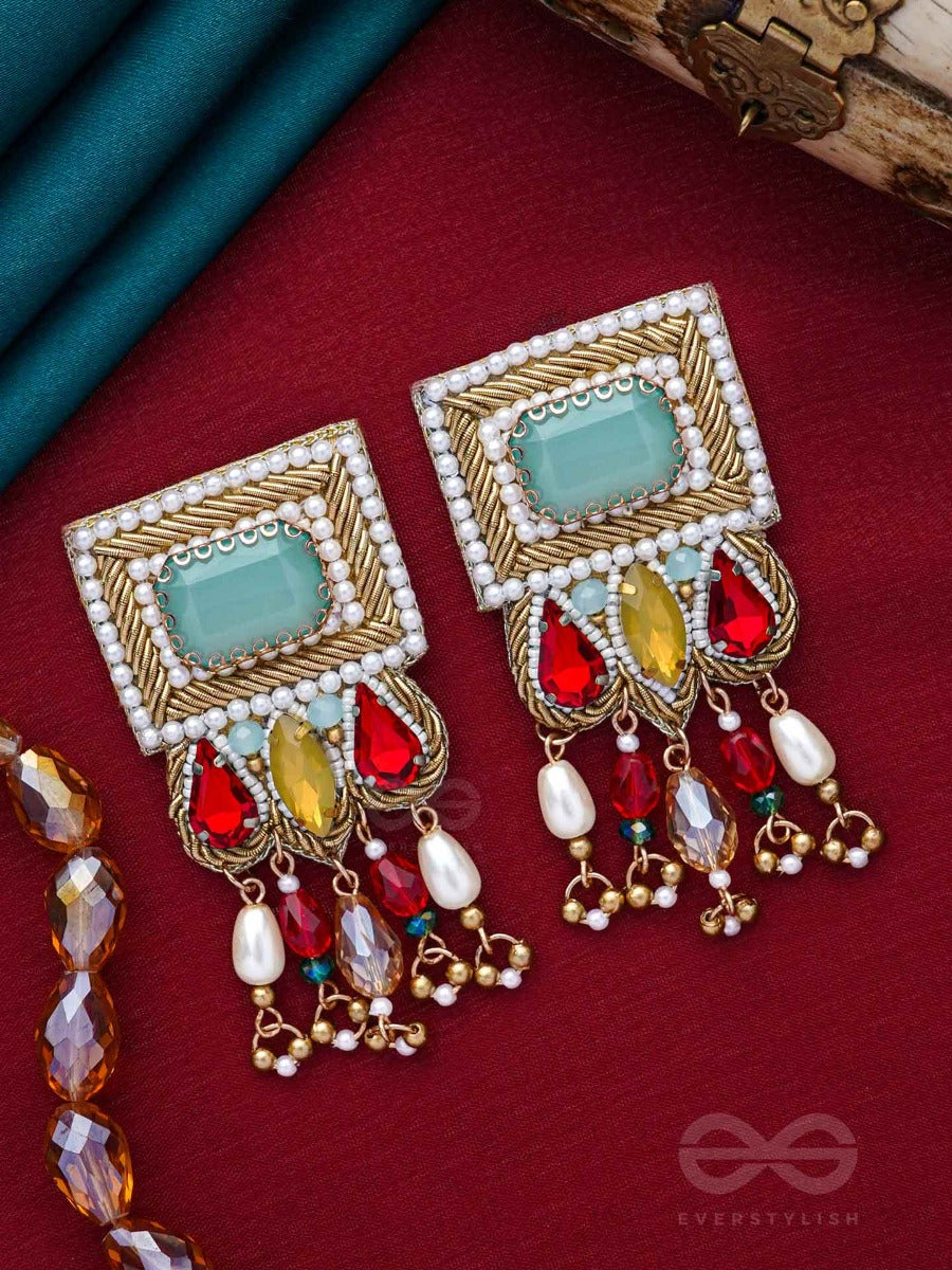 Anagha - The Sunset Splendor - Stones, Beads And Glass Drop Embroidered Earrings