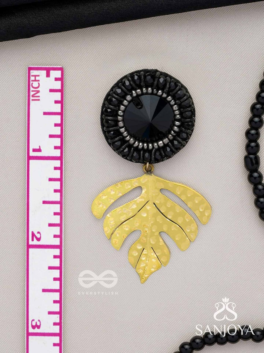 Shravaka - The Dark Leaf - Stone And Beads Embroidered Earrings