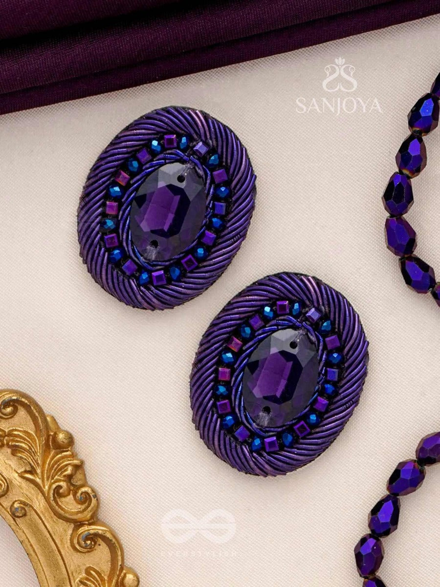 Kashyapi - The Indigo Glow - Stone And Beads Embroidered Earrings (Purple & Royal Blue)