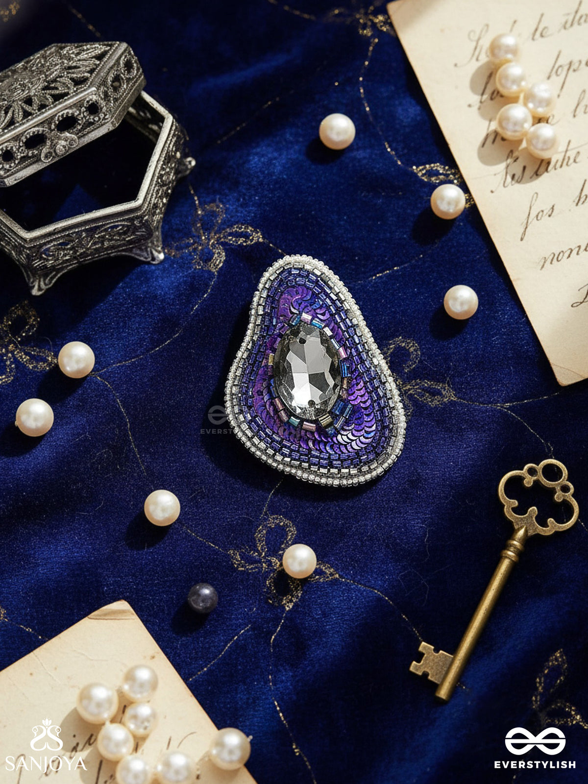 Anavriti - The Unfurling Elegance - Stone, Sequins And Beads Embroidered Ring (Purple)
