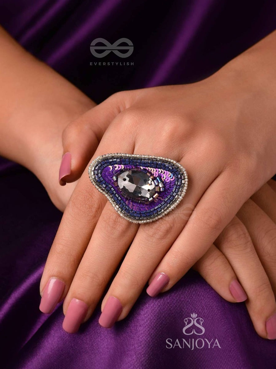 Anavriti - The Unfurling Elegance - Stone, Sequins And Beads Embroidered Ring (Purple)