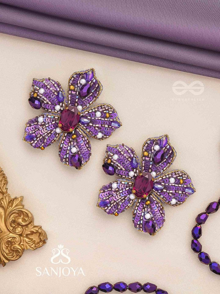 Svabhavika - The Natural Grace - Stone, Sequins And Pearls Embroidered Earrings (Purple)
