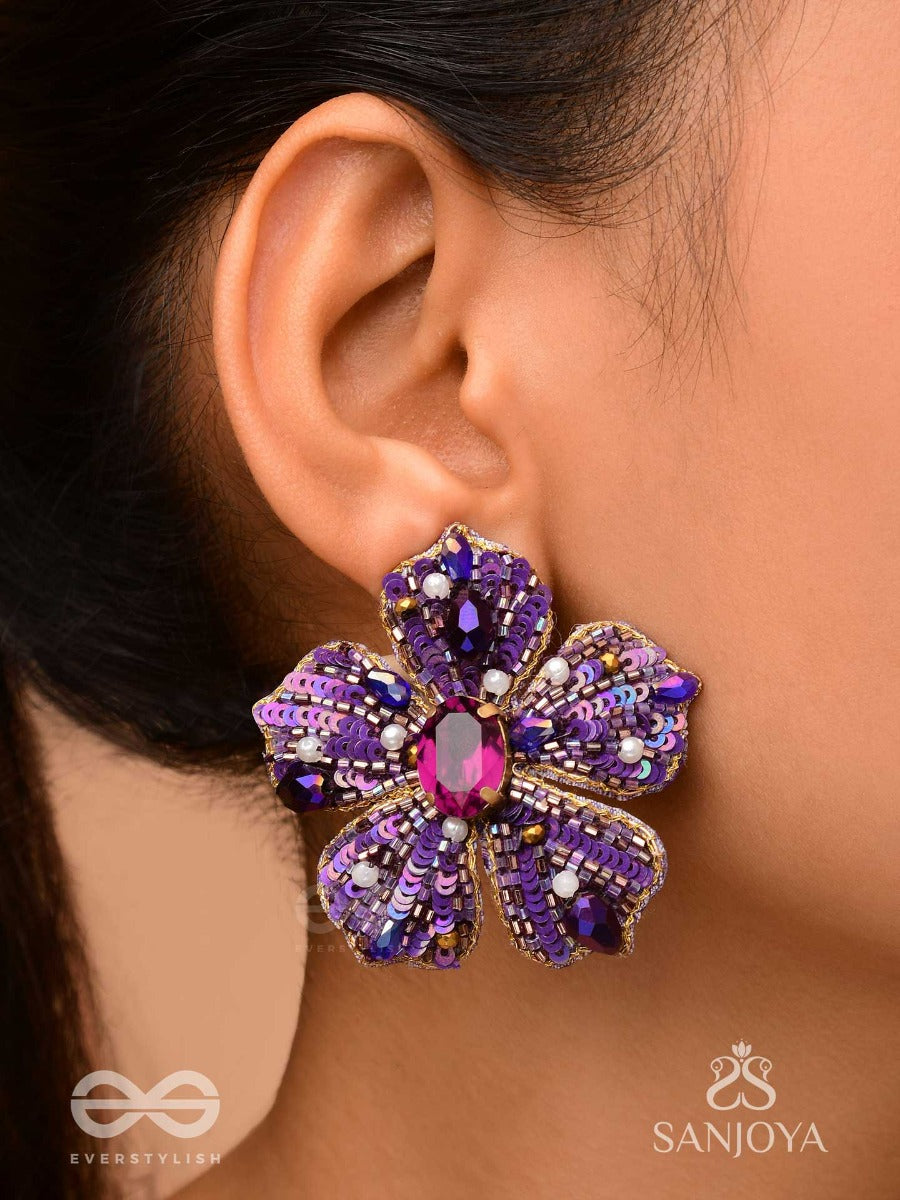 Svabhavika - The Natural Grace - Stone, Sequins And Pearls Embroidered Earrings (Purple)