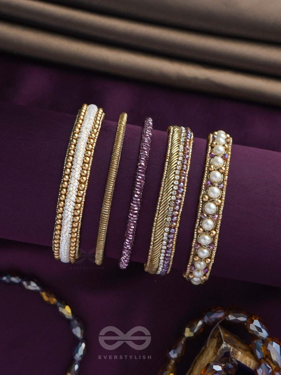 Avibha - The Shiny Galaxy - Pearls, Beads And Cutdana Embroidered Bangles (Set Of 5)