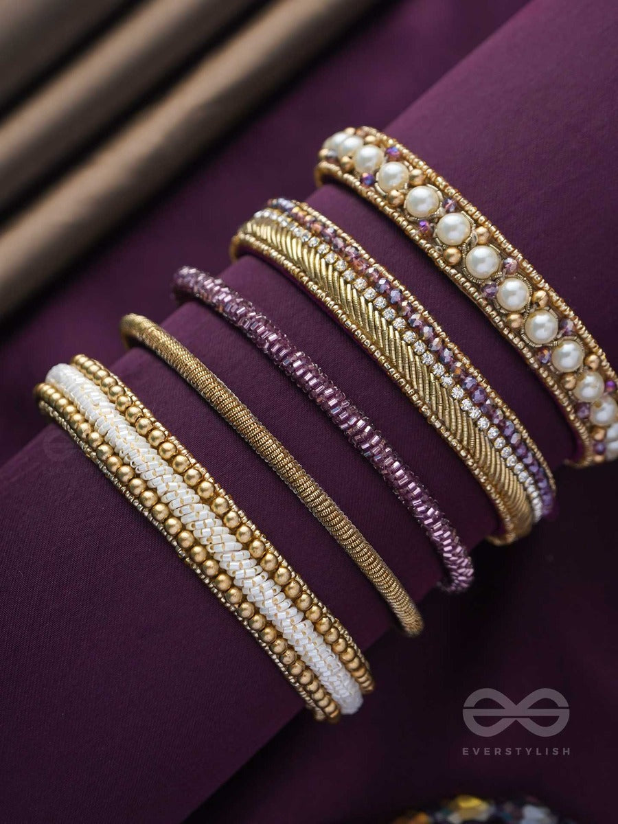 Avibha - The Shiny Galaxy - Pearls, Beads And Cutdana Embroidered Bangles (Set Of 5)