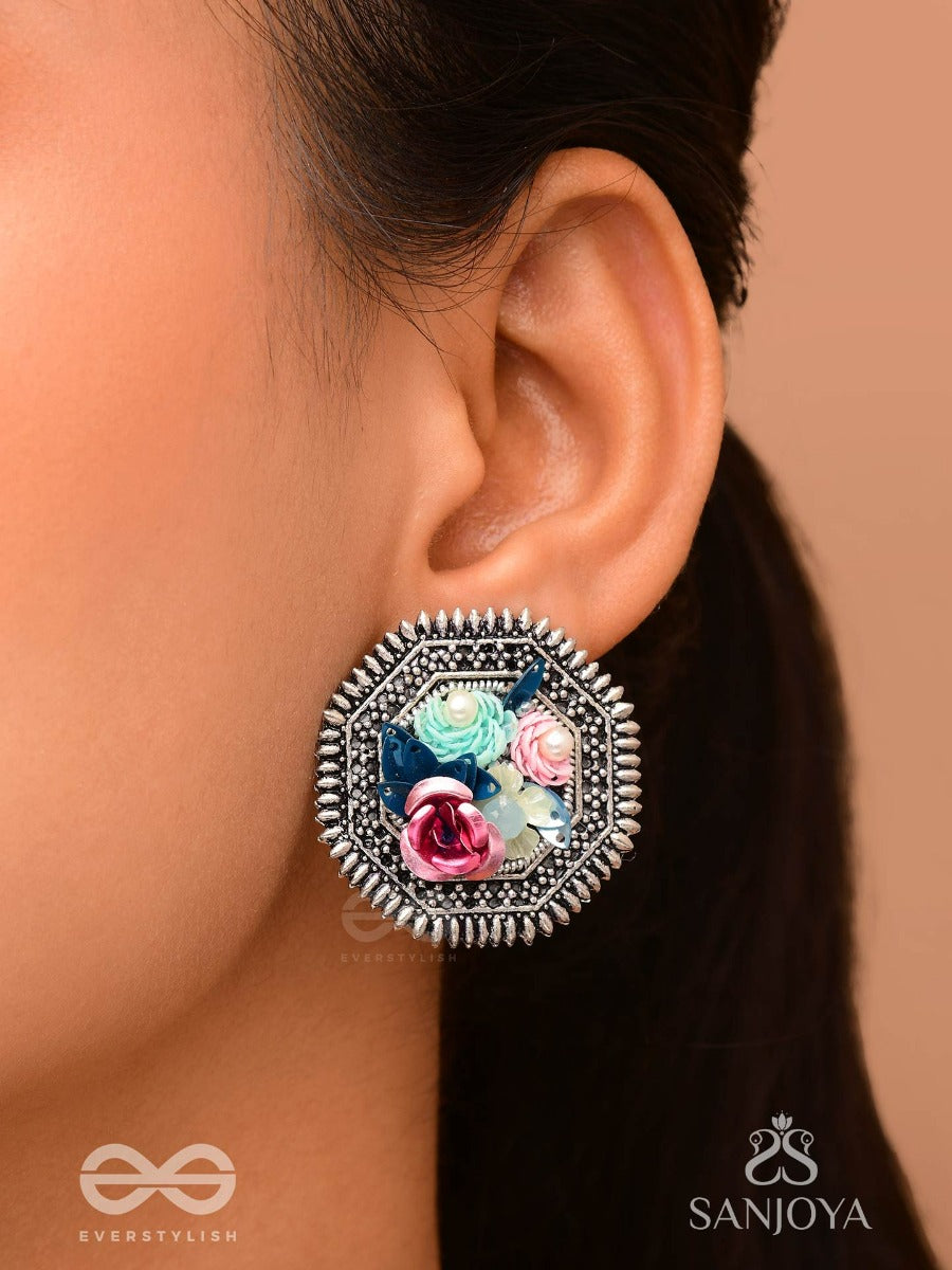 Udyanakala - Garden Of Art - Sequins And Pearls Embroidered And Oxidised Stud Earrings