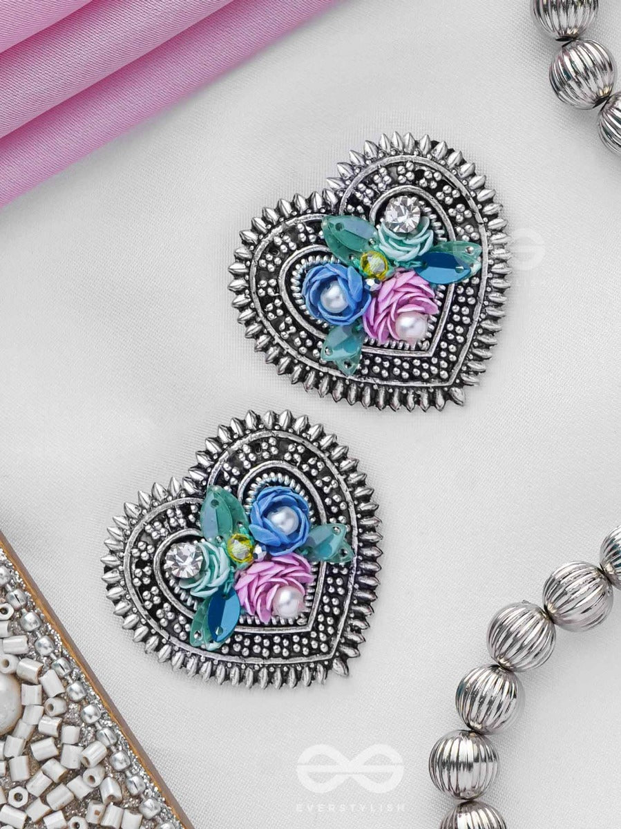 Kusumavarta - The Heart Of Flowers - Sequins, Beads And Pearls Embroidered And Oxidised Stud Earrings