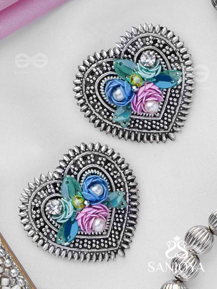 Kusumavarta - The Heart Of Flowers - Sequins, Beads And Pearls Embroidered And Oxidised Stud Earrings