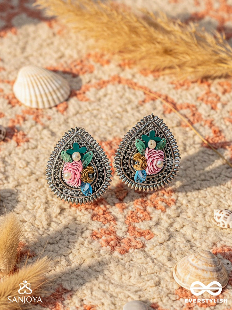 Rimba- The Flower Drop - Sequins And Pearls Embroidered And Oxidised Earrings