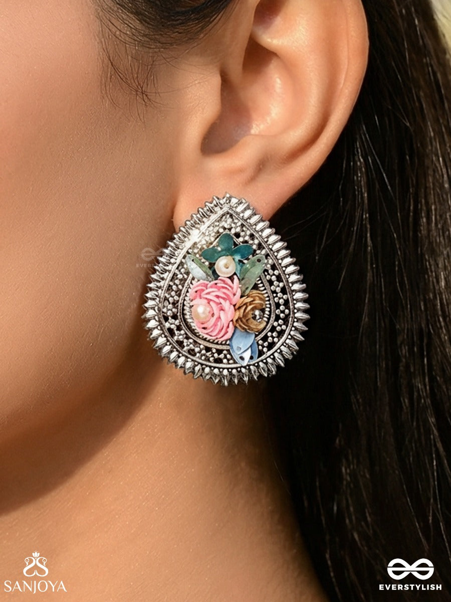 Rimba- The Flower Drop - Sequins And Pearls Embroidered And Oxidised Earrings