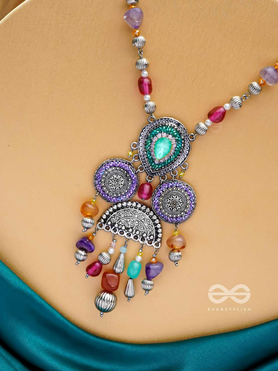 Chitravarna - The Colorful Charms - Stone And Glass Drops Embroidered And Oxidised Neckpiece (Multicolor)