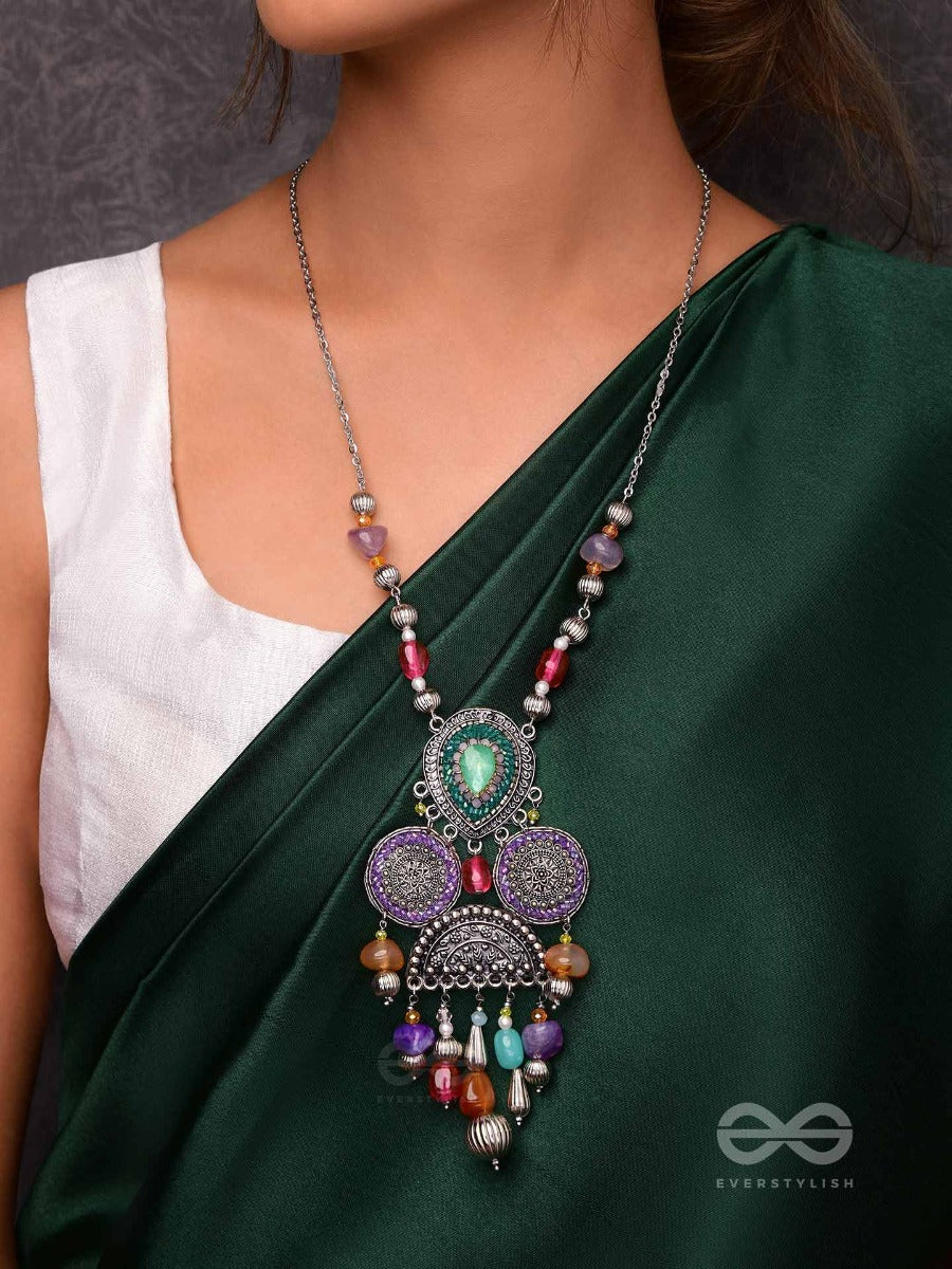 Chitravarna - The Colorful Charms - Stone And Glass Drops Embroidered And Oxidised Neckpiece (Multicolor)