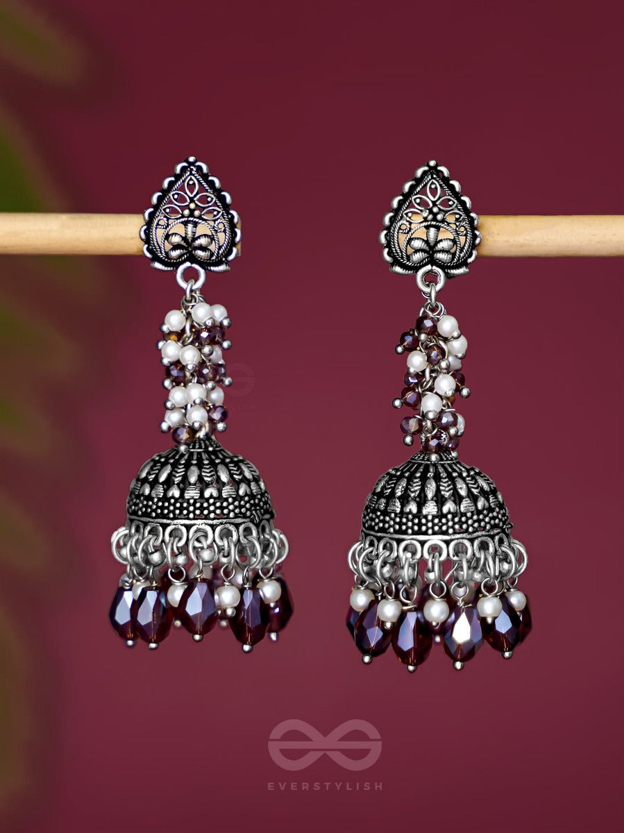 The Tinsel Swirls - Beaded Oxidised Jhumka Earrings (Brown)