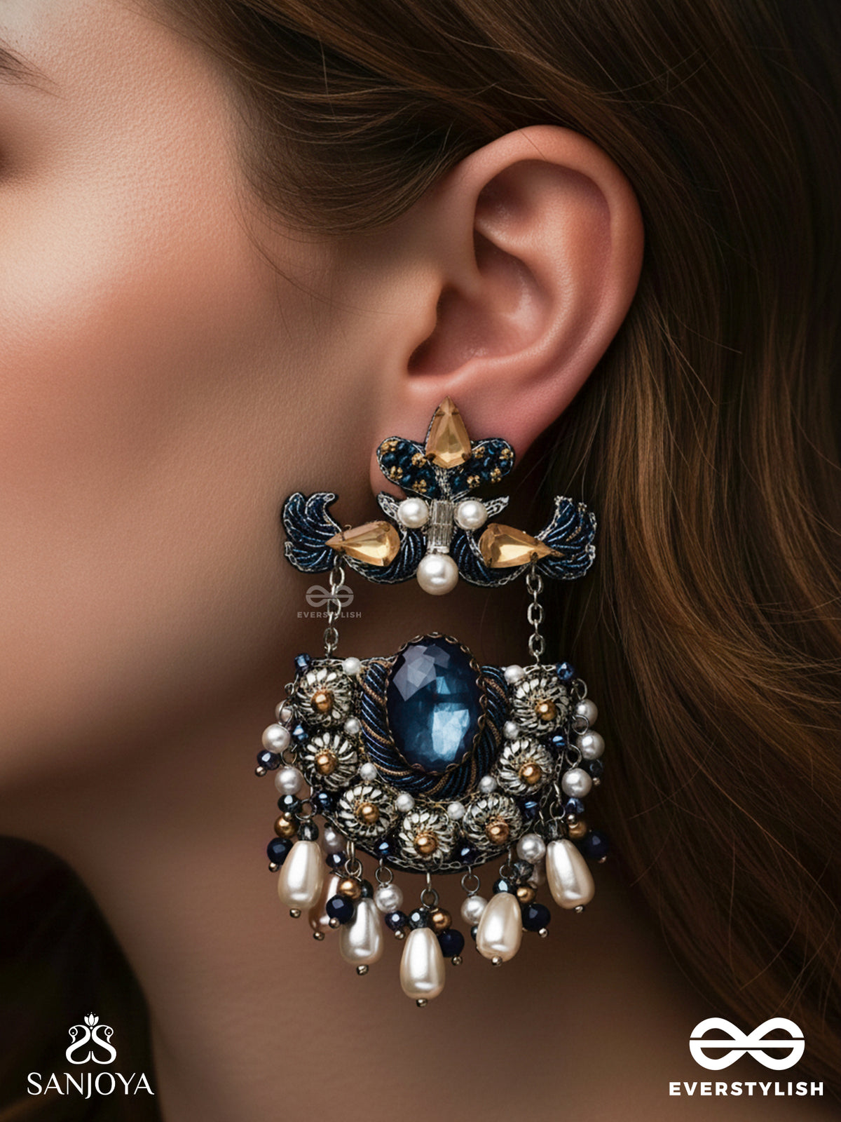 Rajatchandali - The Moon's Glamour - Stone, Pearl Drops And Beads Embroidered Earrings