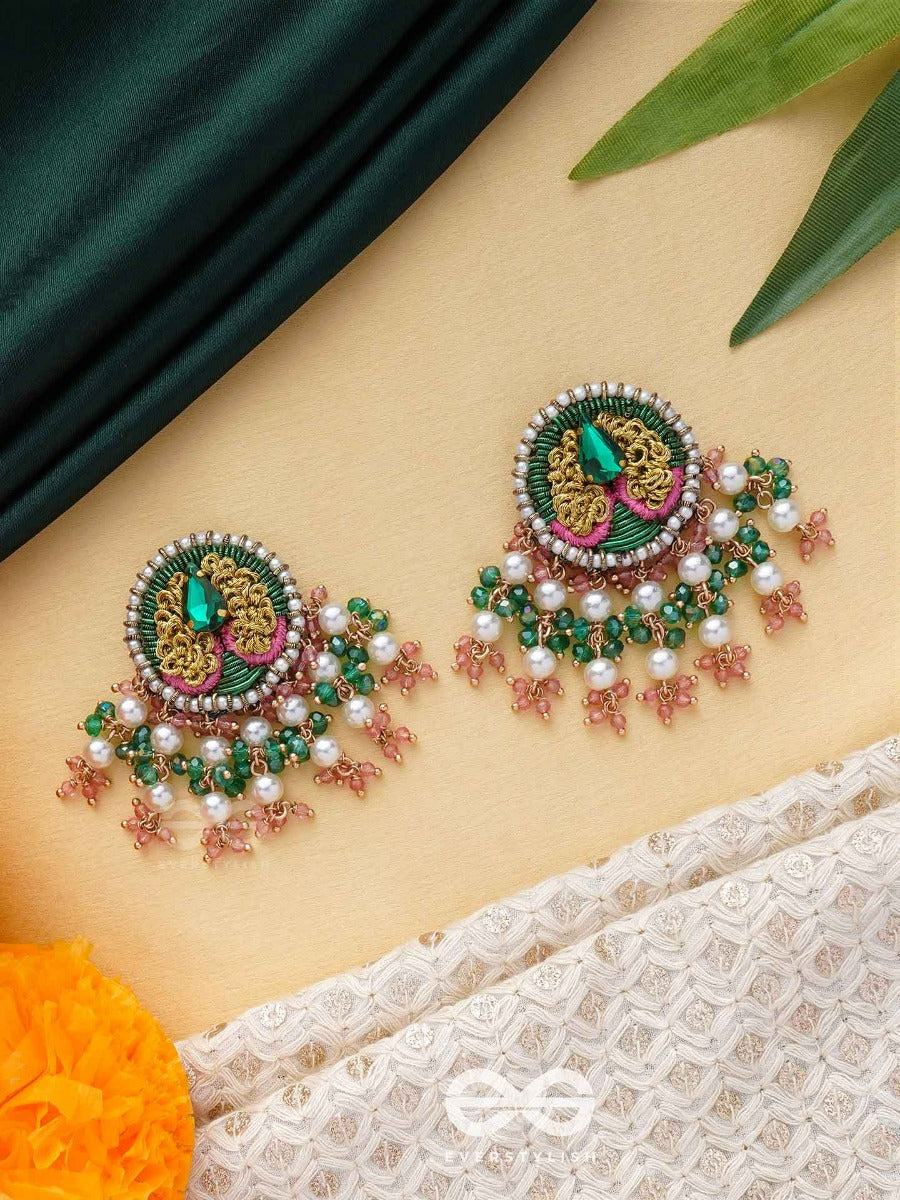 Varnanandini - The Colorful Delight - Stone, Pearls And Beads Embroidered Earrings (Green & Pink)