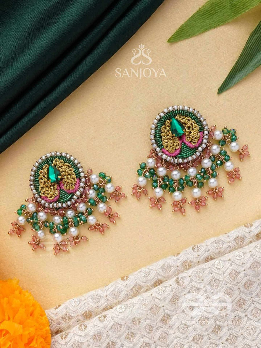 Varnanandini - The Colorful Delight - Stone, Pearls And Beads Embroidered Earrings (Green & Pink)