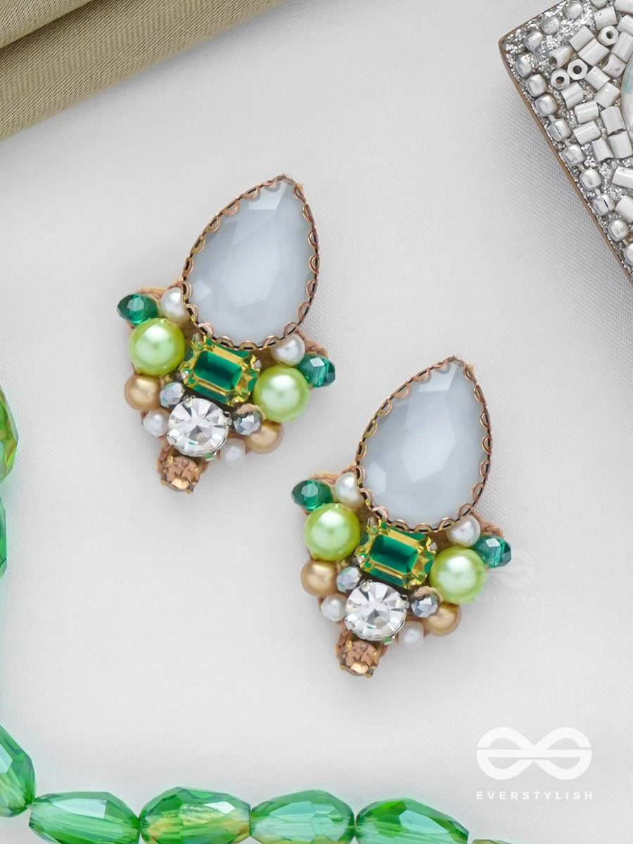 Avadani - Soft Silver Hush - Stones, Beads And Pearls Embroidered Earrings