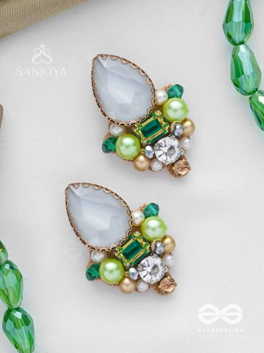 Avadani - Soft Silver Hush - Stones, Beads And Pearls Embroidered Earrings