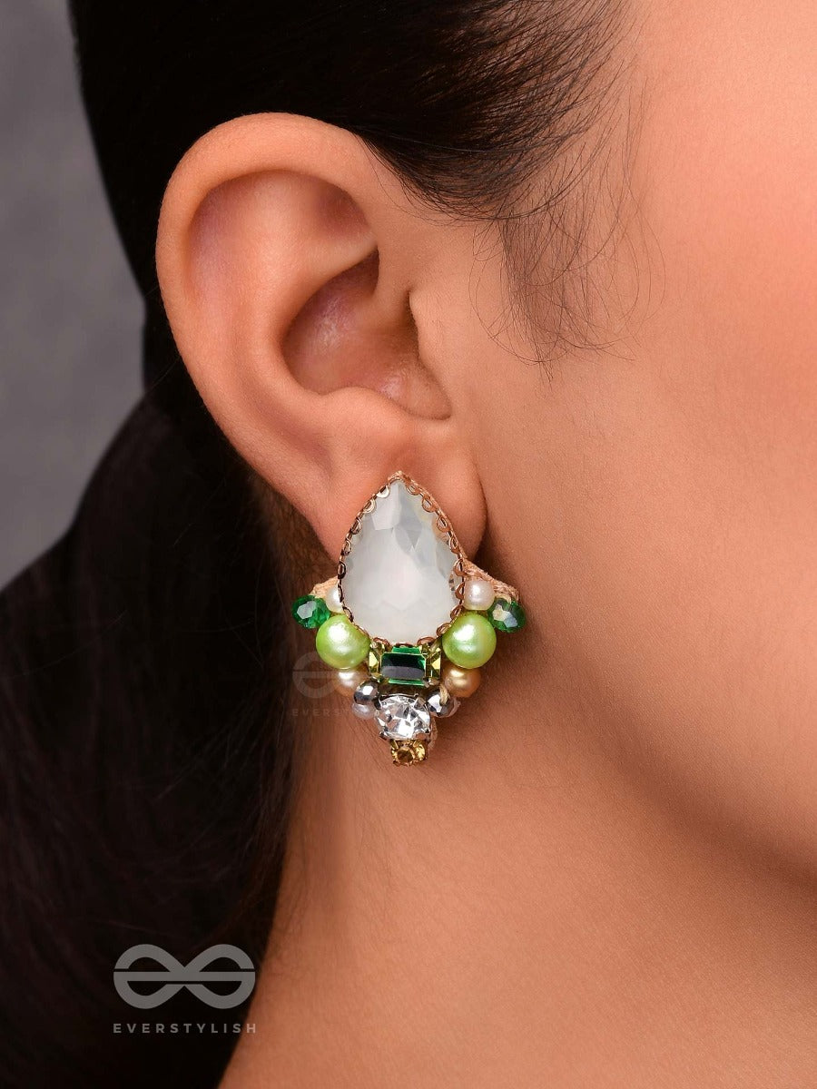 Avadani - Soft Silver Hush - Stones, Beads And Pearls Embroidered Earrings