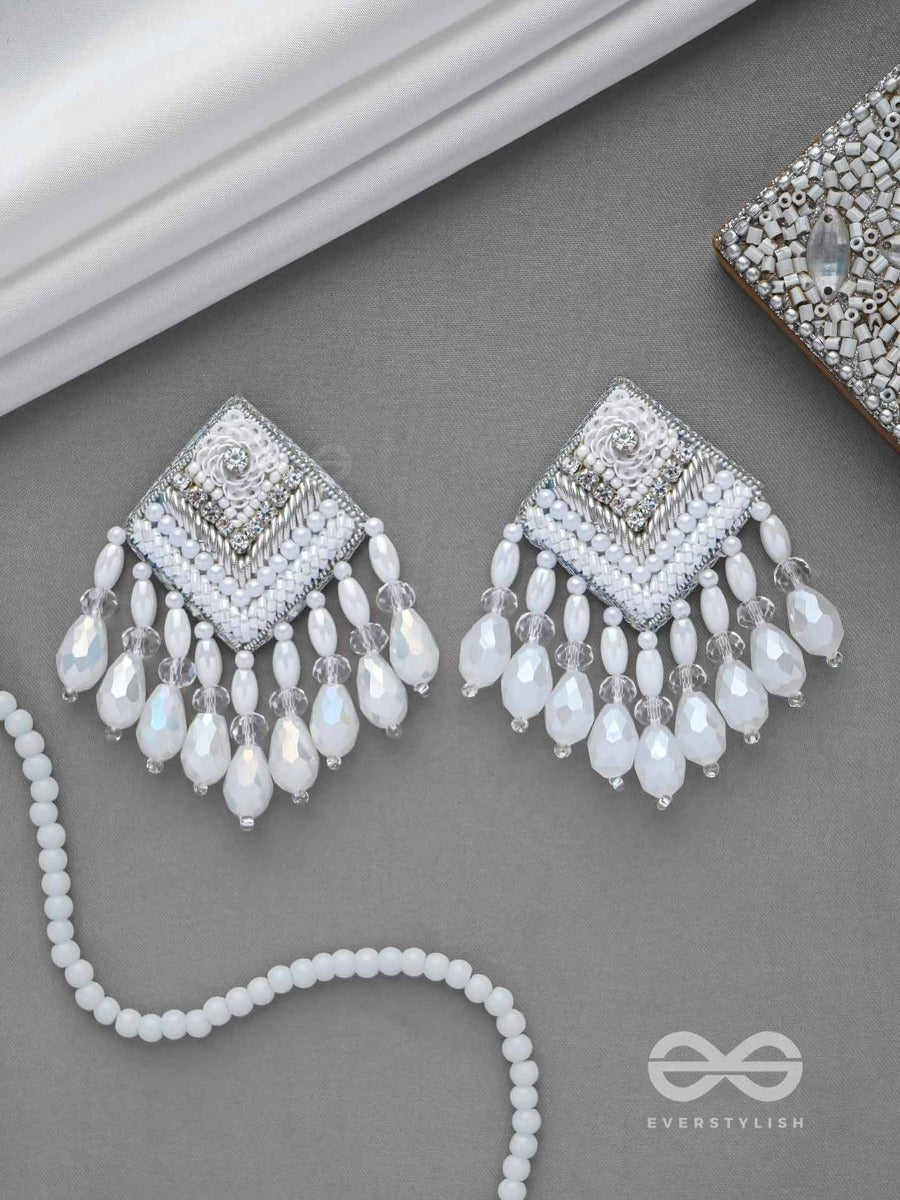 Aabdika - Snow Like Crystals - Sequins, Pearls And Glass Drop Embroidered Earrings