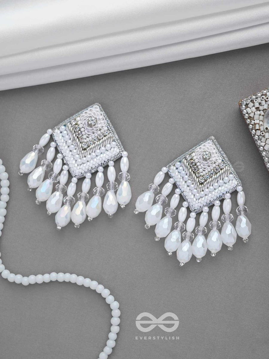 Aabdika - Snow Like Crystals - Sequins, Pearls And Glass Drop Embroidered Earrings