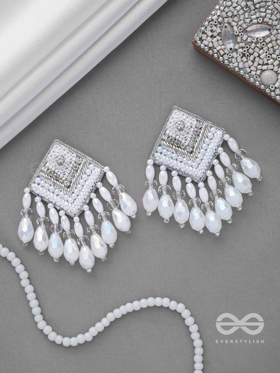 Aabdika - Snow Like Crystals - Sequins, Pearls And Glass Drop Embroidered Earrings