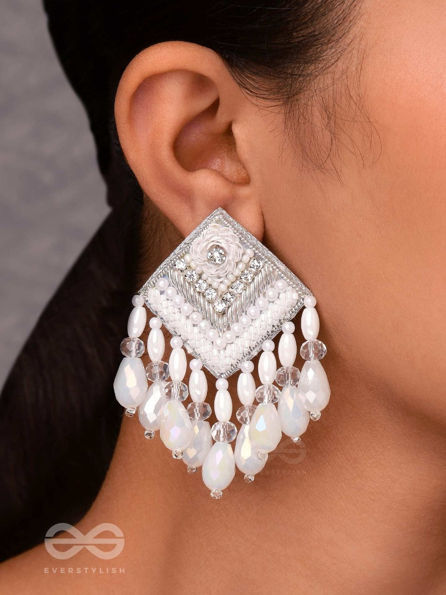 Aabdika - Snow Like Crystals - Sequins, Pearls And Glass Drop Embroidered Earrings