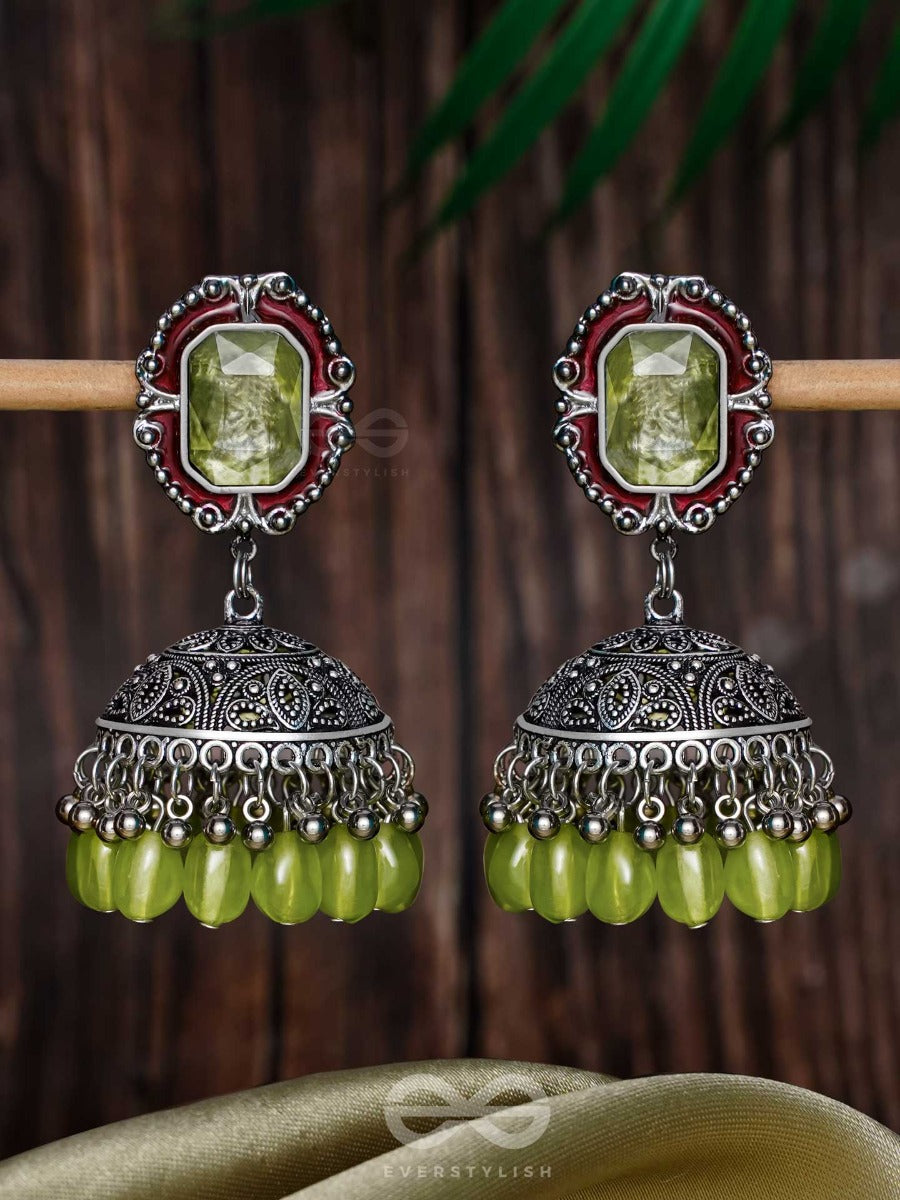 The Royal Lush - Statement Embellished Oxidised Jhumka Earrings