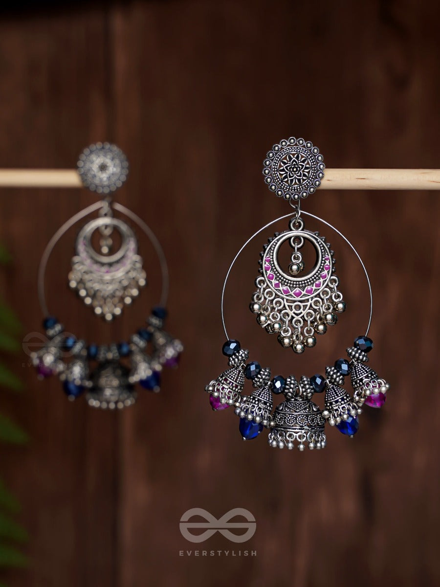 Dusky Skyline Elegance - Statement Embellished Oxidised Jhumka Earrings