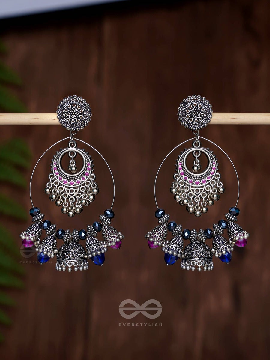 Dusky Skyline Elegance - Statement Embellished Oxidised Jhumka Earrings