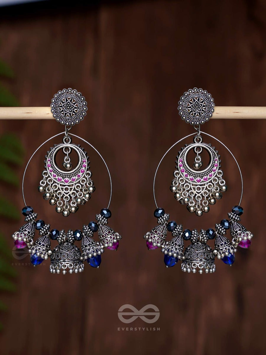 Dusky Skyline Elegance - Statement Embellished Oxidised Jhumka Earrings