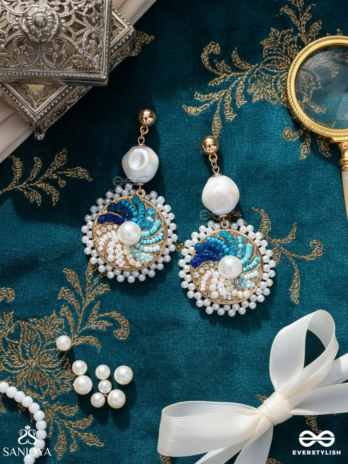 Nirghata- The Tidal Storm- Resham, Beads And Pearl Hand Embroidered Earrings