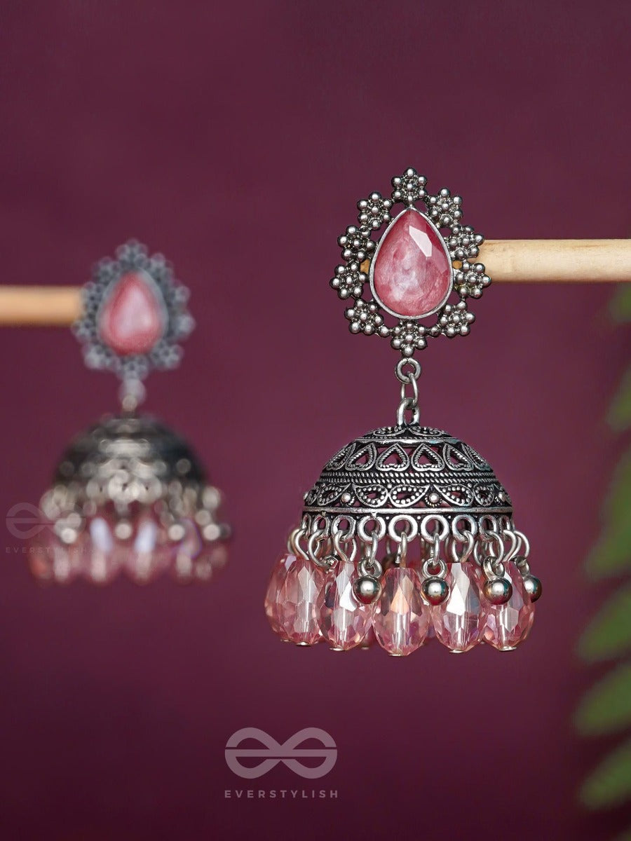 A Coral Crush - Embellished Oxidised Jhumka Earrings