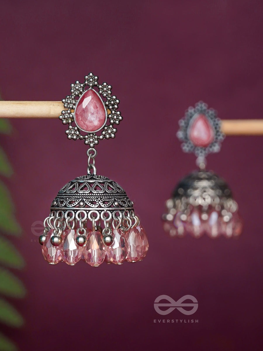 A Coral Crush - Embellished Oxidised Jhumka Earrings