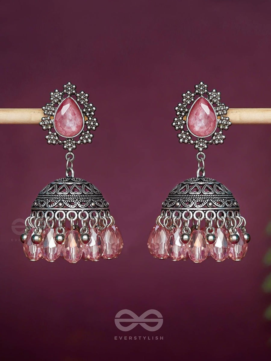 A Coral Crush - Embellished Oxidised Jhumka Earrings