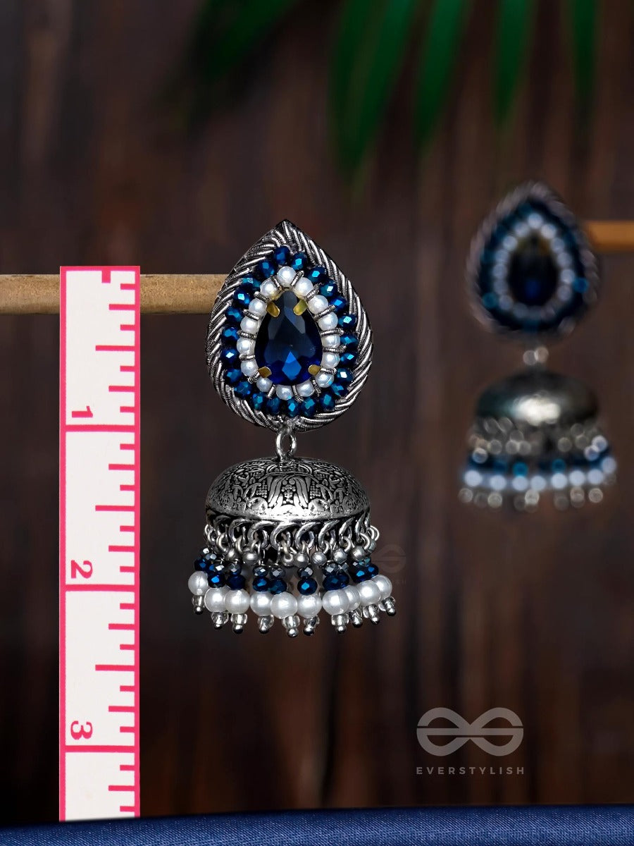 Ratryata - The Midnight Sapphire - Stone And Beads Hand Embroidered Oxidised Jhumka Earrings