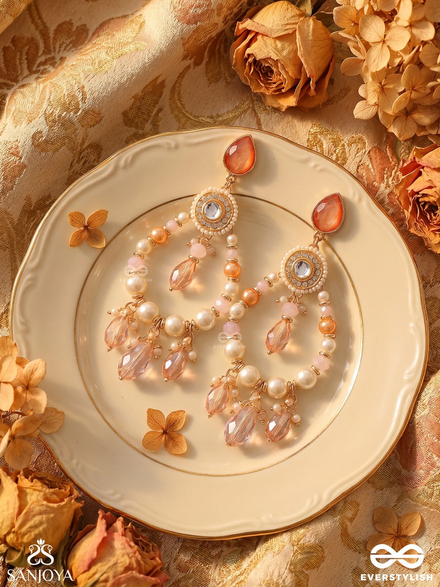 Uthila - Rosey Glow Gala - Golden Embellished Crystal Chandelier Earrings