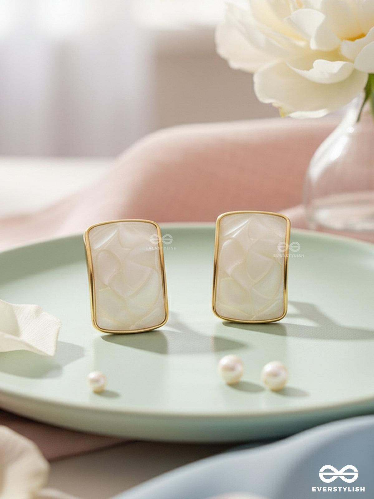 The Classic Radiance - Golden Enamelled Stud Earrings (White)