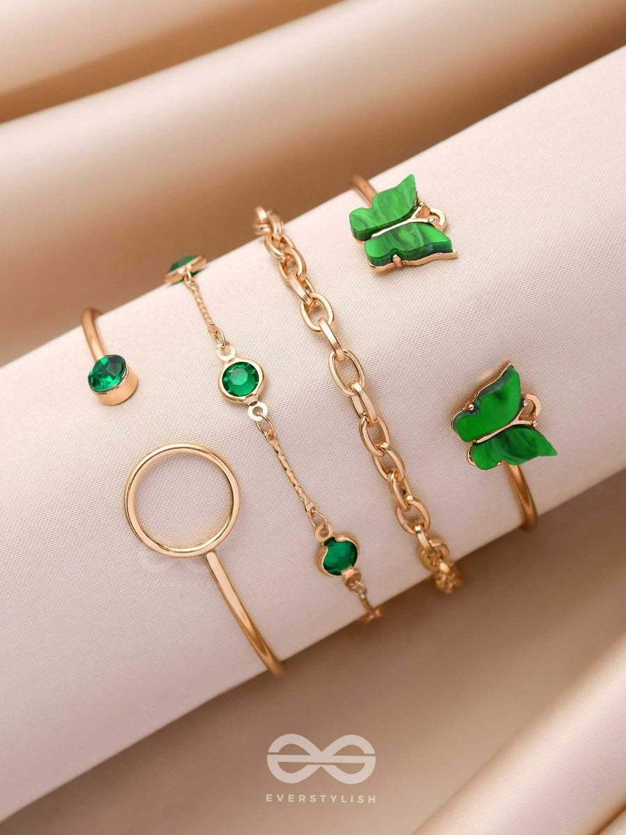 Wings Of Delight - Set Of 4 Golden & Green Bracelets