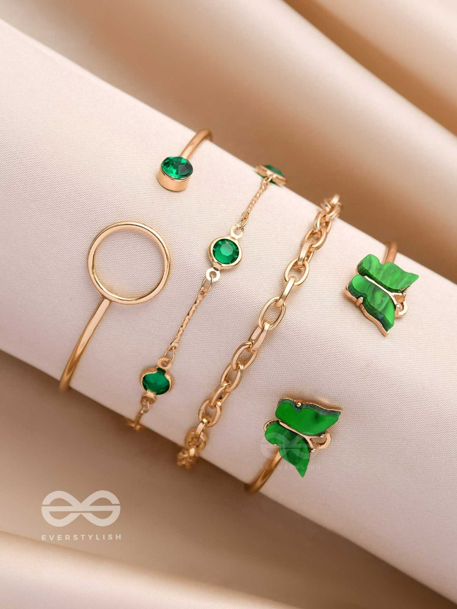 Wings Of Delight - Set Of 4 Golden & Green Bracelets