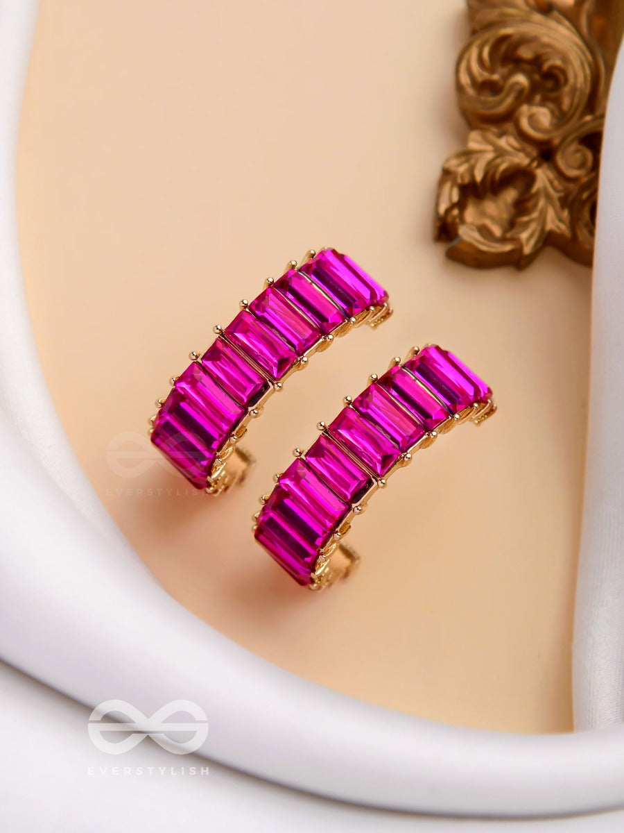 Crystal Galaxies - Golden Embellished Earrings (Magenta)