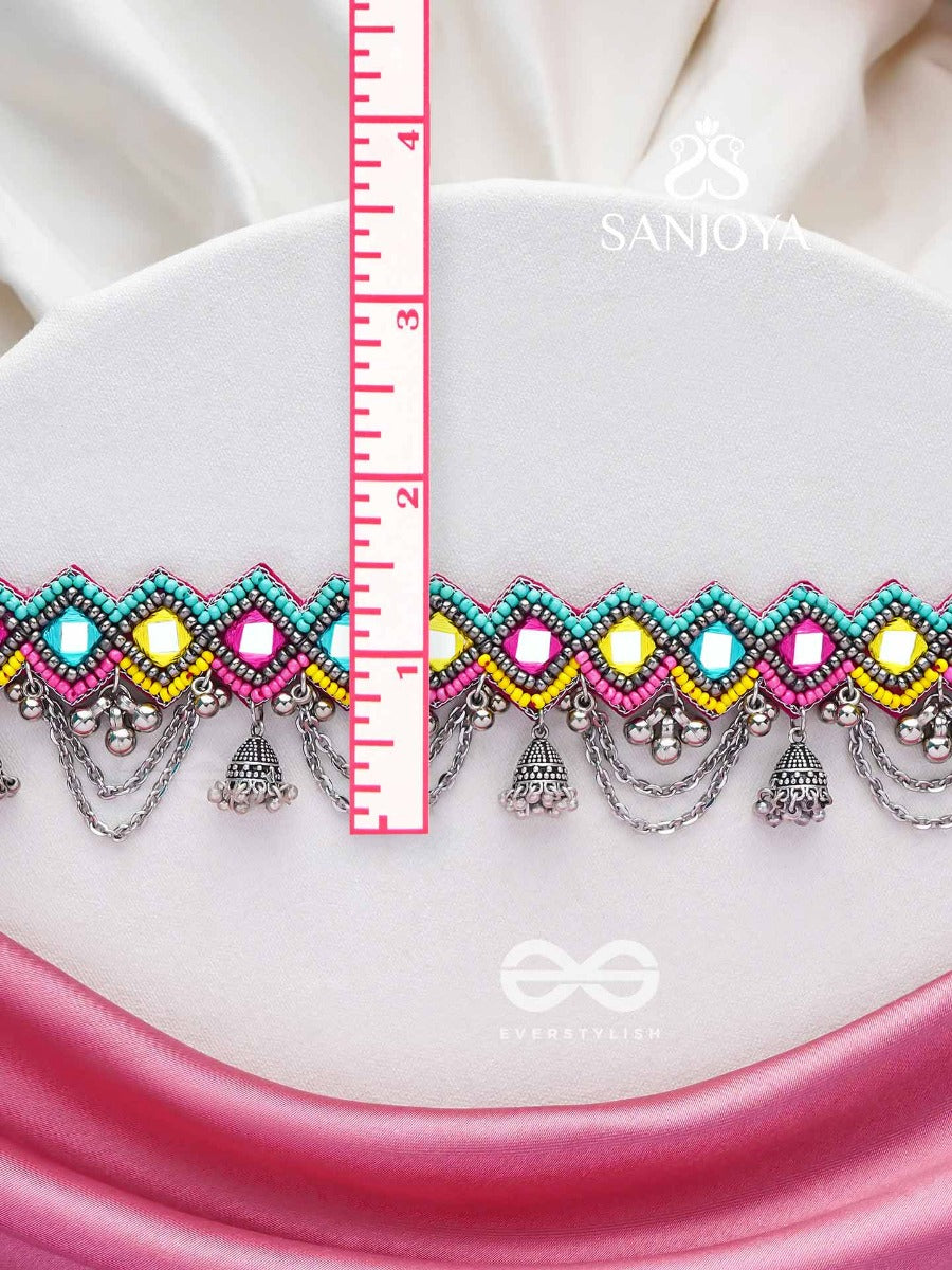 Uparjitaa - Rainbow Radiance - Beads And Mirror Embroidered And Oxidised Neckpiece