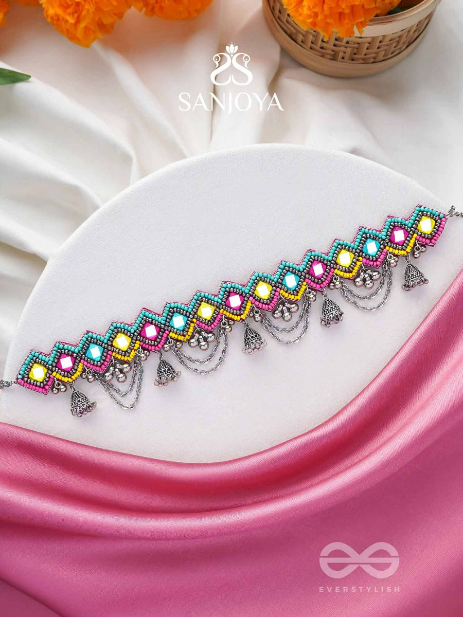 Uparjitaa - Rainbow Radiance - Beads And Mirror Embroidered And Oxidised Neckpiece
